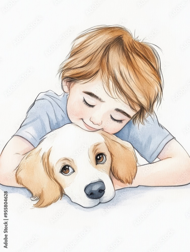 A joyful scene depicting a child embracing a dog, showcasing the bond of friendship and love between pets and kids. A joyful scene depicting a child embracing a dog, showcasing the bond of friendship and love between pets and kids.