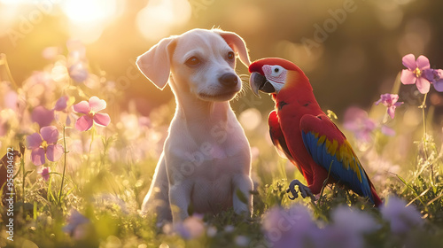 A playful puppy and a vibrant parrot share a moment amidst blooming flowers in warm sunlight, perfect for nature lovers. photo