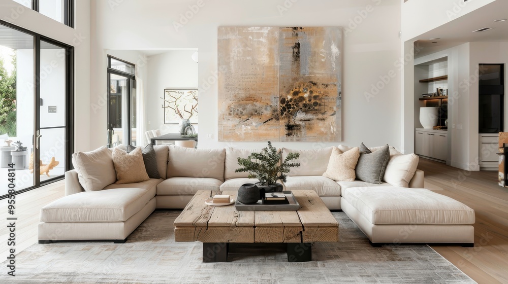 Fototapeta premium Modern Living Room with Large Sectional Sofa and Abstract Art in Contemporary Home
