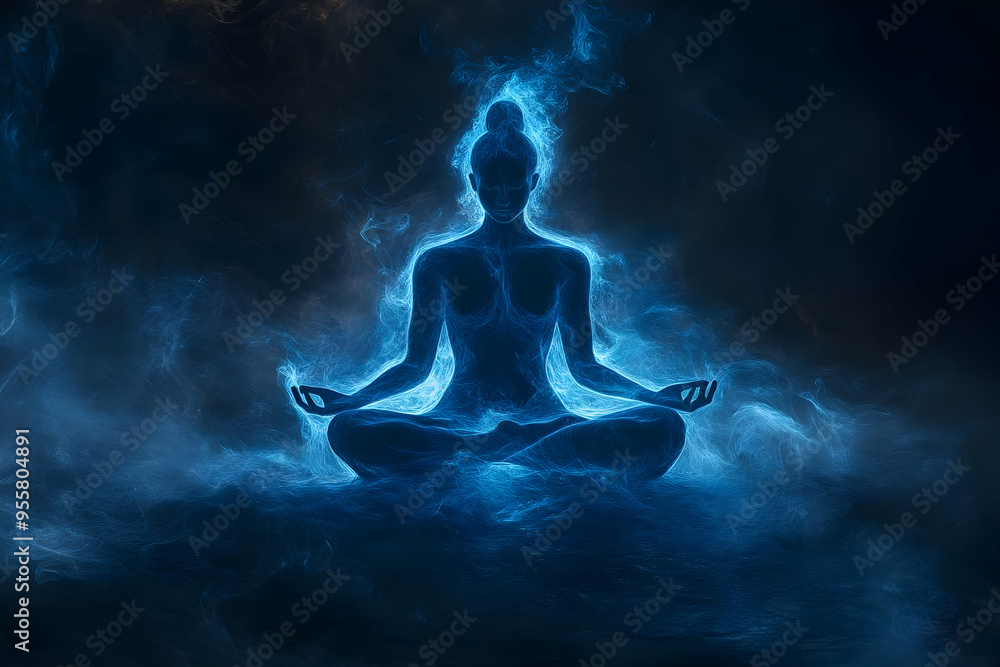 A serene silhouette of a meditating figure surrounded by a mystical blue aura, evoking peace and inner tranquility. A serene silhouette of a meditating figure surrounded by a mystical blue aura, evoking peace and inner tranquility.