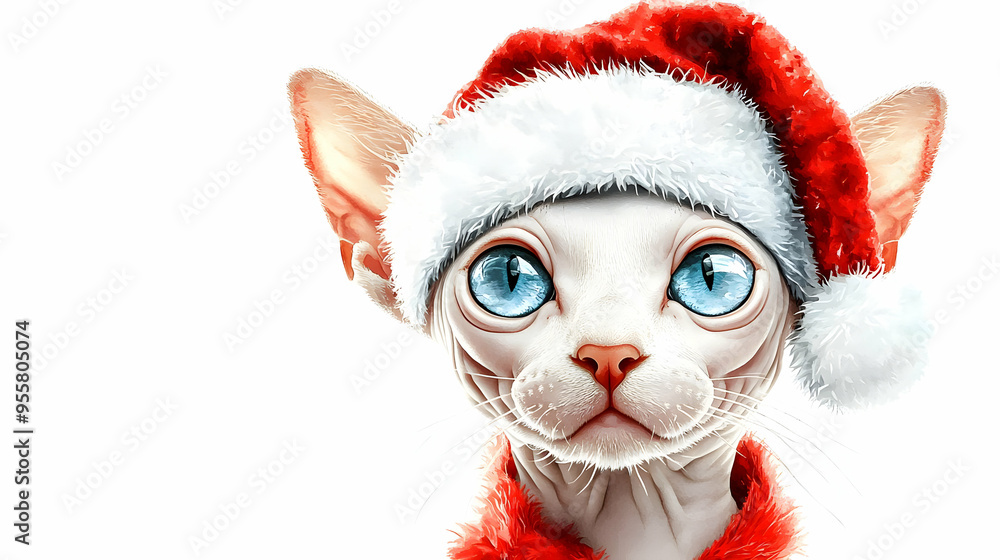 A festive cat wearing a Santa hat, featuring striking blue eyes and a playful expression, perfect for holiday-themed designs. A festive cat wearing a Santa hat, featuring striking blue eyes and a playful expression, perfect for holiday-themed designs.