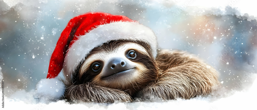 A cute sloth wearing a Santa hat, embodying the spirit of joy and relaxation during the festive holiday season. A cute sloth wearing a Santa hat, embodying the spirit of joy and relaxation during the festive holiday season.