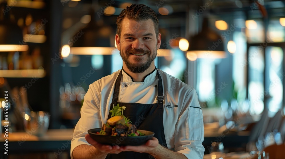 Professional Chef Presenting Gourmet Dish in Modern Restaurant Kitchen with Warm Lighting Professional Chef Presenting Gourmet Dish in Modern Restaurant Kitchen with Warm Lighting