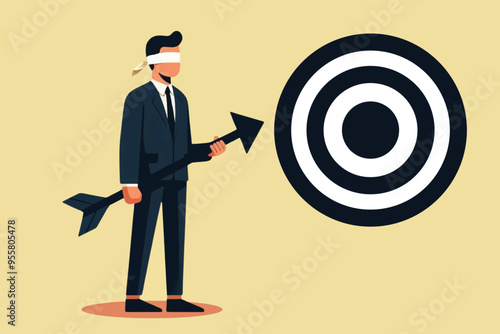 illustration of a businessman with closed eyes holding an arrow trying to reach the target, business concept without precise and haphazard targets