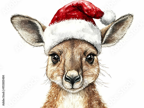 An adorable kangaroo wearing a festive Santa hat, perfect for the holiday season and whimsical animal-themed decorations. photo