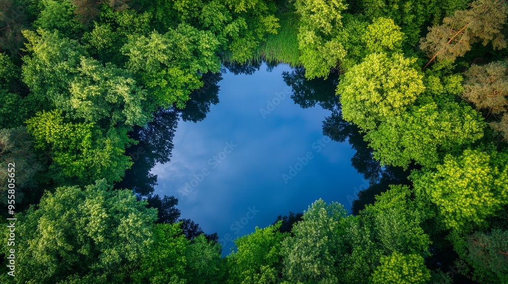 Aerial View of a Forest Lake with Trees Reflecting in the Water