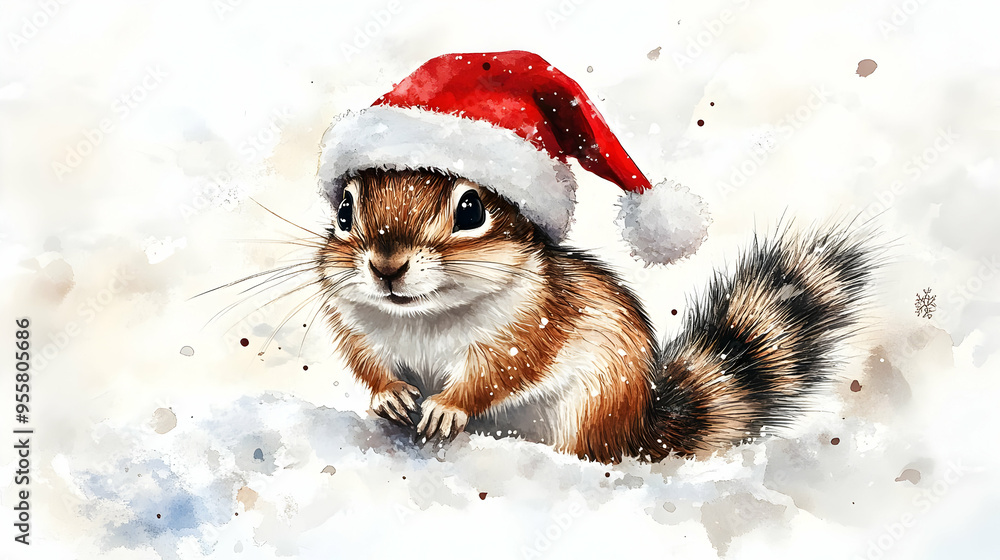 A cute squirrel wearing a Santa hat amidst a snowy background, perfect for holiday-themed projects and festive decorations. A cute squirrel wearing a Santa hat amidst a snowy background, perfect for holiday-themed projects and festive decorations.