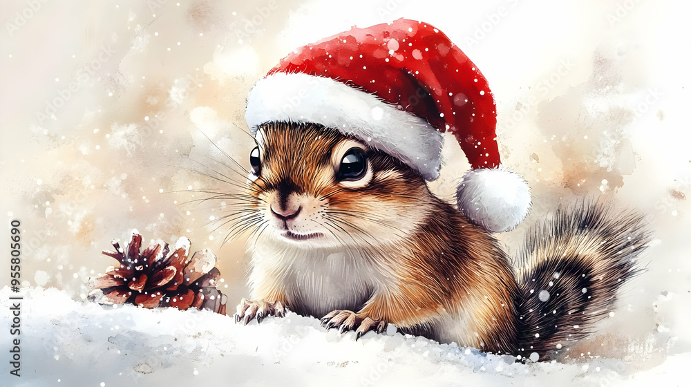 A cute squirrel wearing a Santa hat, set against a snowy background, perfect for holiday-themed designs and decorations. A cute squirrel wearing a Santa hat, set against a snowy background, perfect for holiday-themed designs and decorations.