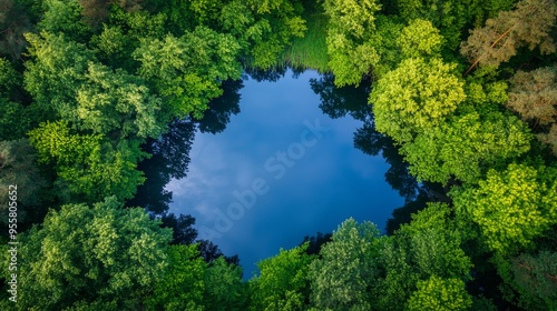Obraz na płótnie Aerial View of a Forest Lake with Trees Reflecting in the Water w salonie