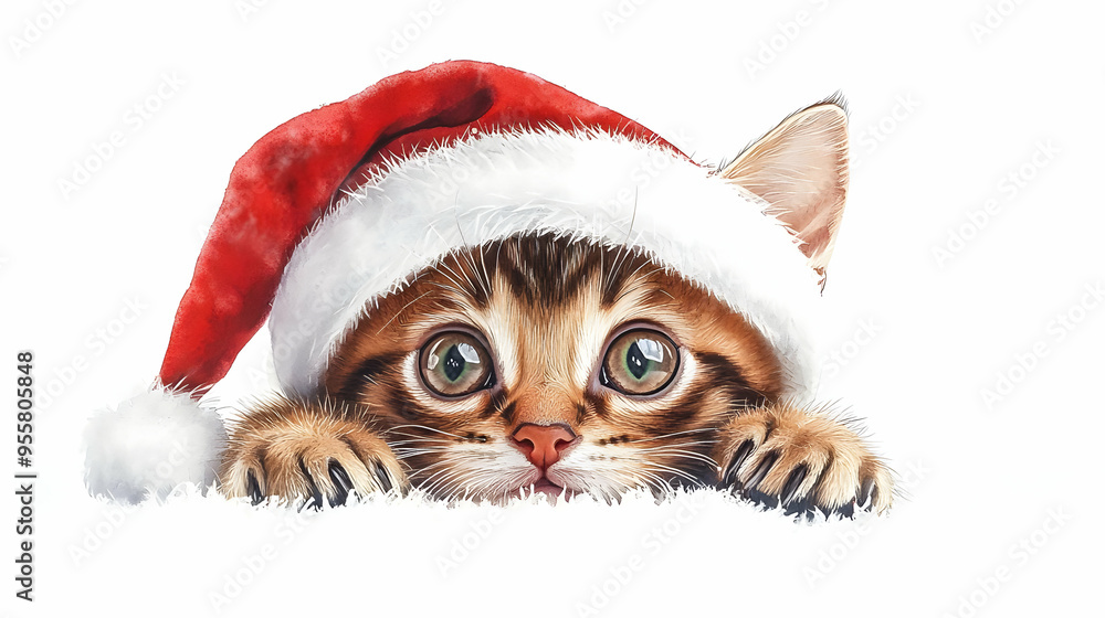 A cute kitten wearing a Santa hat, peeking over a snowy surface, perfect for holiday-themed designs and festive greetings. A cute kitten wearing a Santa hat, peeking over a snowy surface, perfect for holiday-themed designs and festive greetings.