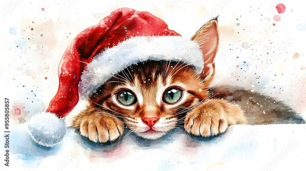 A cute kitten wearing a Santa hat, showcasing festive charm and holiday spirit. Perfect for winter and Christmas themed designs. A cute kitten wearing a Santa hat, showcasing festive charm and holiday spirit. Perfect for winter and Christmas themed designs.