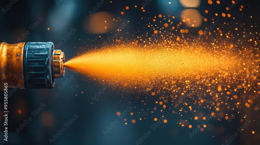 industrial spray painting in action vibrant powder coating particles suspended in air metallic object being coated dynamic spray patterns workshop setting