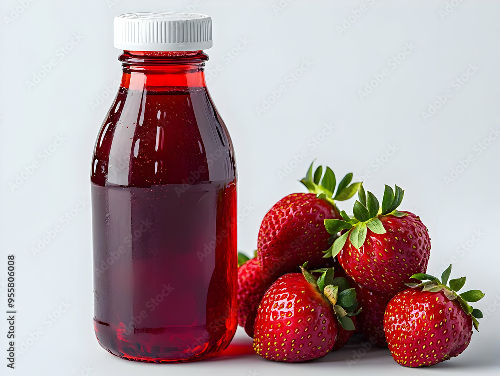 Fresh strawberry juice in a bottle, accompanied by ripe strawberries. Perfect for healthy lifestyle and fruit beverage ideas. Fresh strawberry juice in a bottle, accompanied by ripe strawberries. Perfect for healthy lifestyle and fruit beverage ideas.