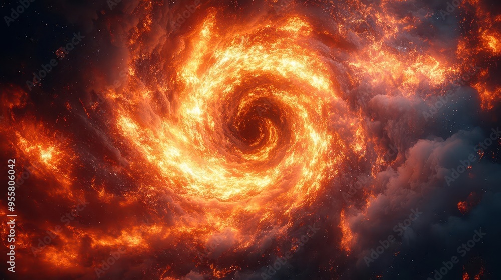 Fototapeta premium inferno vortex spiraling flames incandescent embers smoke tendrils obsidian backdrop hellish glow dynamic fire patterns scorching heat waves
