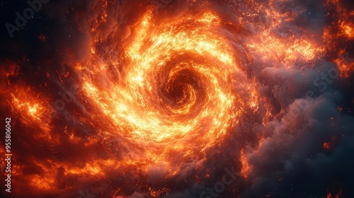 inferno vortex spiraling flames incandescent embers smoke tendrils obsidian backdrop hellish glow dynamic fire patterns scorching heat waves photo