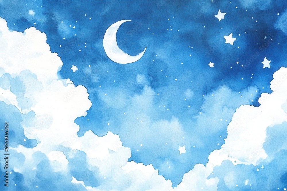 A serene night sky adorned with clouds, a crescent moon, and twinkling stars, creating a tranquil and dreamy atmosphere. A serene night sky adorned with clouds, a crescent moon, and twinkling stars, creating a tranquil and dreamy atmosphere.