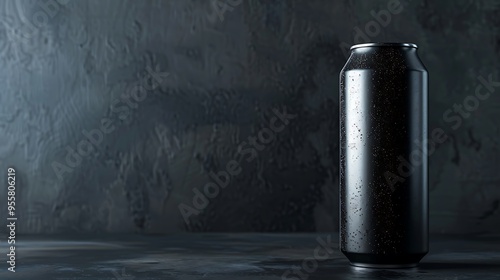 Matte black aluminum energy drink can with a sleek design, 3D product rendering, placed against a dark background for a modern look.