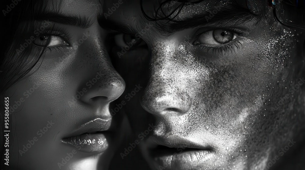 intense closeup of two faces in shadow dramatic chiaroscuro lighting highlights eyes and facial contours palpable tension and raw emotion moody cinematic atmosphere intense closeup of two faces in shadow dramatic chiaroscuro lighting highlights eyes and facial contours palpable tension and raw emotion moody cinematic atmosphere