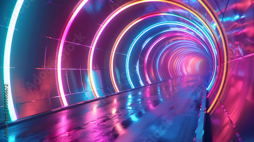 Fototapeta Naklejka Na Ścianę i Meble -  3D winding tunnel entrance in vibrant neon lights with cyberpunk style futuristic colorful cool dimension universe likely atmosphere citypop club party rainbow background