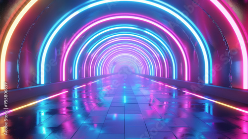 Fototapeta Naklejka Na Ścianę i Meble -  3D winding tunnel stage entrance in vibrant neon lights with cyberpunk style futuristic colorful cool dimension universe likely atmosphere citypop club party pink blue background