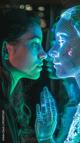 3D photo of a human woman looking at a robot cyborg artificial intelligence filled with data and neon lights grid lines for virtual reality technology cyberpunk green poster