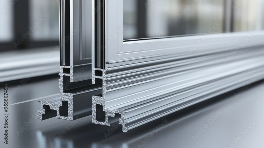 © PaulShlykov - Aluminum profile frames double glazing on construction. PVC metal silver color windows and doors detail cross section. 3D illustration. aluminium protruded profile for windows and doors © PaulShlykov - Aluminum profile frames double glazing on construction. PVC metal silver color windows and doors detail cross section. 3D illustration. aluminium protruded profile for windows and doors