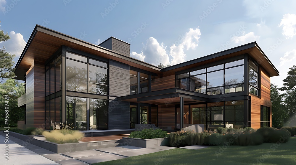 A 3D model of a contemporary home with large wooden windows and sleek architecture that combines modern and natural design elements. A 3D model of a contemporary home with large wooden windows and sleek architecture that combines modern and natural design elements.