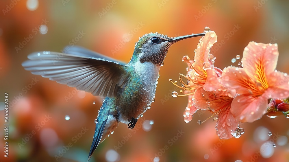 iridescent hummingbird midflight wings frozen in motion vibrant tropical flower intricate feather details dewdrops glistening lush botanical background macro nature photography iridescent hummingbird midflight wings frozen in motion vibrant tropical flower intricate feather details dewdrops glistening lush botanical background macro nature photography
