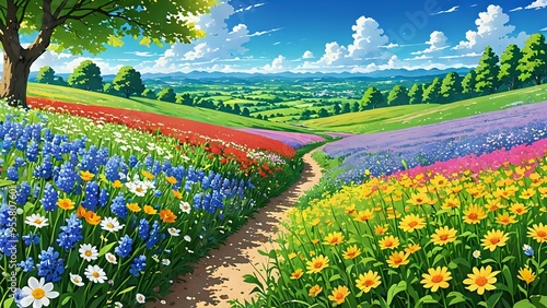 As spring arrives, the wildflower fields stretch as far as the eye can see, a vibrant tapestry of colors blending in beautiful harmony, anime art 