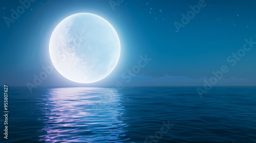 A 3D white moon with a glowing texture surface on beautiful relaxing wave wide ocean gradient night cinematic design crystal blue dreamy refresh background