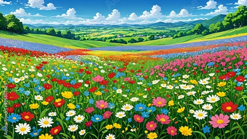 As spring arrives, the wildflower fields stretch as far as the eye can see, a vibrant tapestry of colors blending in beautiful harmony, anime art  photo