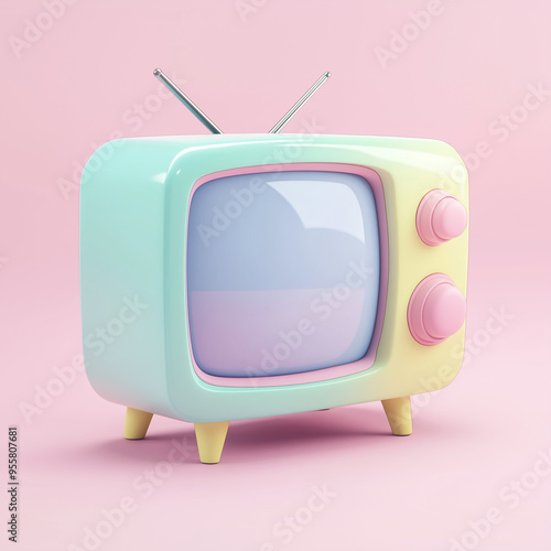 Colorful Retro TV Set with Antennas on Pink Background, Vintage Television 3D Illustration
