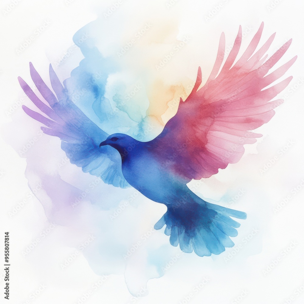 Obraz premium A vibrant watercolor illustration of a bird in flight, showcasing beautiful hues of blue and pink against a soft background.