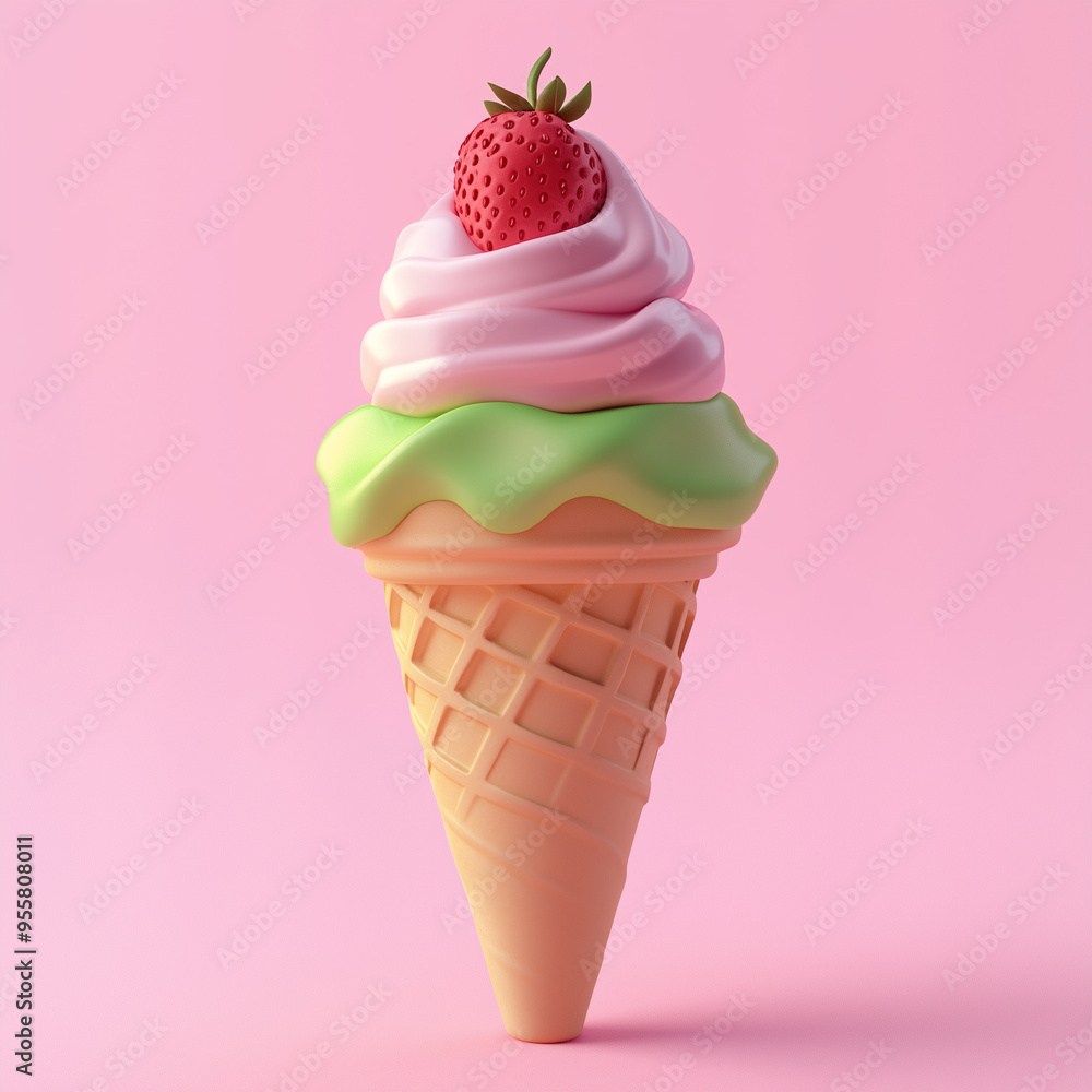 3D Ice Cream Cone with Strawberry and Green Topping on Pink Background
3D Ice Cream Cone with Strawberry and Green Topping on Pink Background