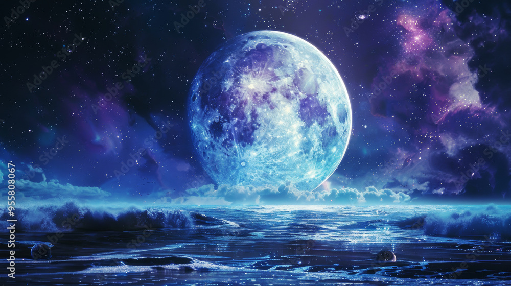 A 3D white moon with a glowing texture surface on beautiful relaxing wave wide ocean gradient night cinematic design dark purple fantasy fictional background A 3D white moon with a glowing texture surface on beautiful relaxing wave wide ocean gradient night cinematic design dark purple fantasy fictional background