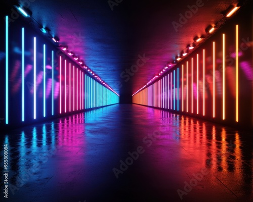 A vibrant  illuminated corridor features colorful neon lights  creating a striking visual effect ideal for modern design themes.