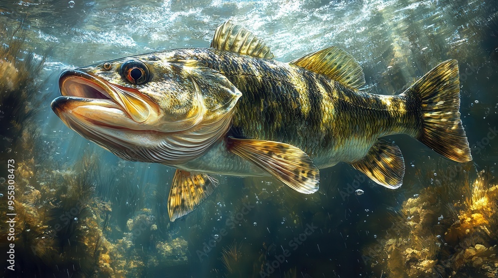 largemouth bass underwater moment before striking lure dynamic pose detailed scales murky water atmosphere largemouth bass underwater moment before striking lure dynamic pose detailed scales murky water atmosphere