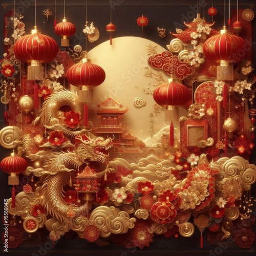 Wallpaper Mural Chinese New Year Festive Wallpaper Background with Red and Gold Accents Torontodigital.ca