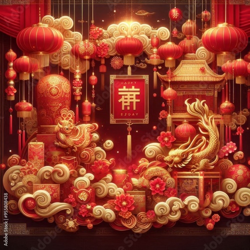 Chinese New Year Festive Wallpaper Background with Red and Gold Accents