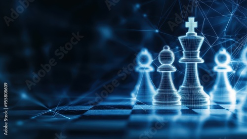 An abstract representation of chess pieces glowing against a digital background, symbolizing strategy and intelligence.