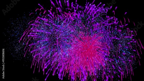 Pink, Purple and Blue Fireworks elements on transparent background and also on black background.