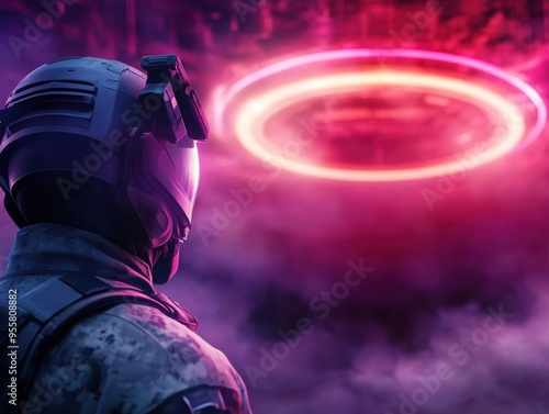 A man in a military uniform is looking at a large red circle in the sky. The image has a futuristic and mysterious vibe photo