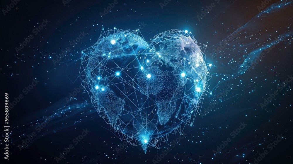A digital heart-shaped globe with glowing lines and dots on a dark background.