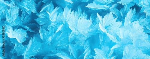 Close-up view of delicate ice crystals, showcasing intricate patterns and stunning blue hues that evoke a sense of winter beauty.