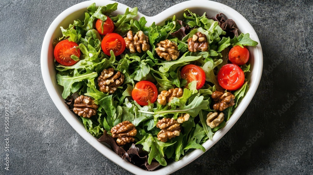 A heart-shaped bowl with a colorful salad of leafy greens, tomatoes, and walnuts, promoting cardiovascular wellness, Healthy food, heart health