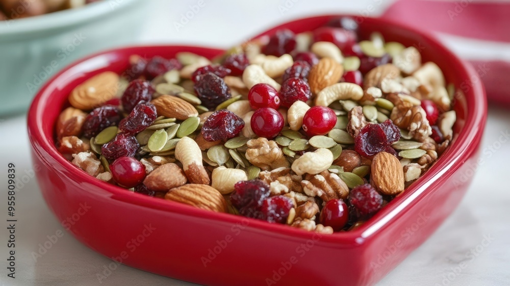 Close-up of a heart-shaped bowl with mixed nuts, seeds, and dried fruits, perfect for heart health, on a rustic wooden table, Heart wellness, nutritional food Close-up of a heart-shaped bowl with mixed nuts, seeds, and dried fruits, perfect for heart health, on a rustic wooden table, Heart wellness, nutritional food