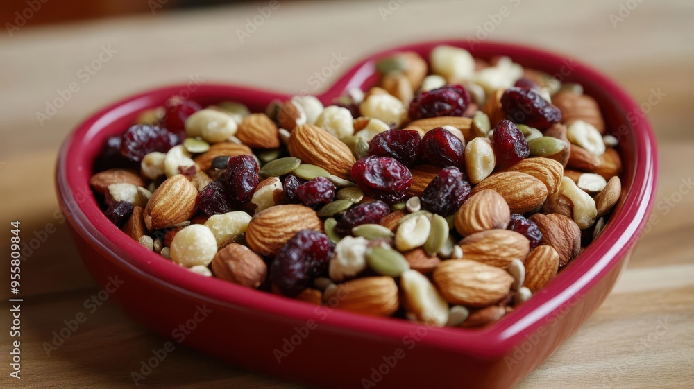 Close-up of a heart-shaped bowl with mixed nuts, seeds, and dried fruits, perfect for heart health, on a rustic wooden table, Heart wellness, nutritional food Close-up of a heart-shaped bowl with mixed nuts, seeds, and dried fruits, perfect for heart health, on a rustic wooden table, Heart wellness, nutritional food