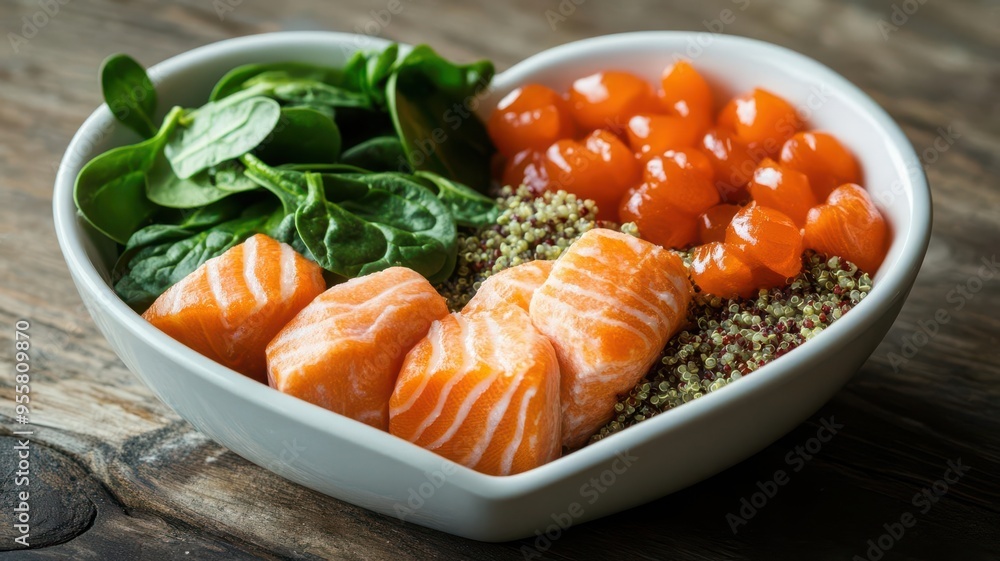 Heart-shaped bowl filled with salmon, quinoa, and spinach, highlighting heart health nutrition, Healthy eating, heart wellness Heart-shaped bowl filled with salmon, quinoa, and spinach, highlighting heart health nutrition, Healthy eating, heart wellness