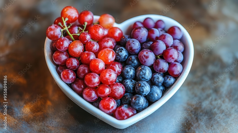 Heart-shaped bowl filled with red and purple fruits like grapes and blueberries, symbolizing heart-healthy eating, Nutritional food, heart wellness Heart-shaped bowl filled with red and purple fruits like grapes and blueberries, symbolizing heart-healthy eating, Nutritional food, heart wellness