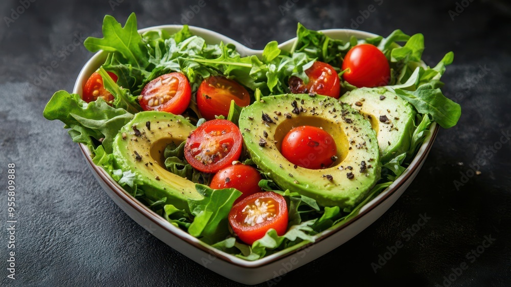 Heart-shaped bowl filled with avocado slices, cherry tomatoes, and mixed greens, symbolizing heart wellness, Nutritional food, heart health Heart-shaped bowl filled with avocado slices, cherry tomatoes, and mixed greens, symbolizing heart wellness, Nutritional food, heart health